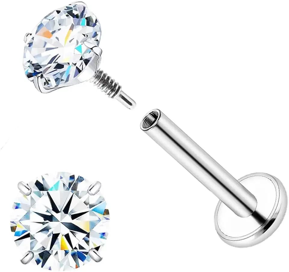 16G 18G Moissanite Earring D Color VVS1 Clarity, G23 Titanium Internal Thread Flat Back Earrings, Silver Black Piercing Jewelry for Tragus Helix Conch Cartilage, Hypoallergenic Nose Stud for Women Men 1PCS