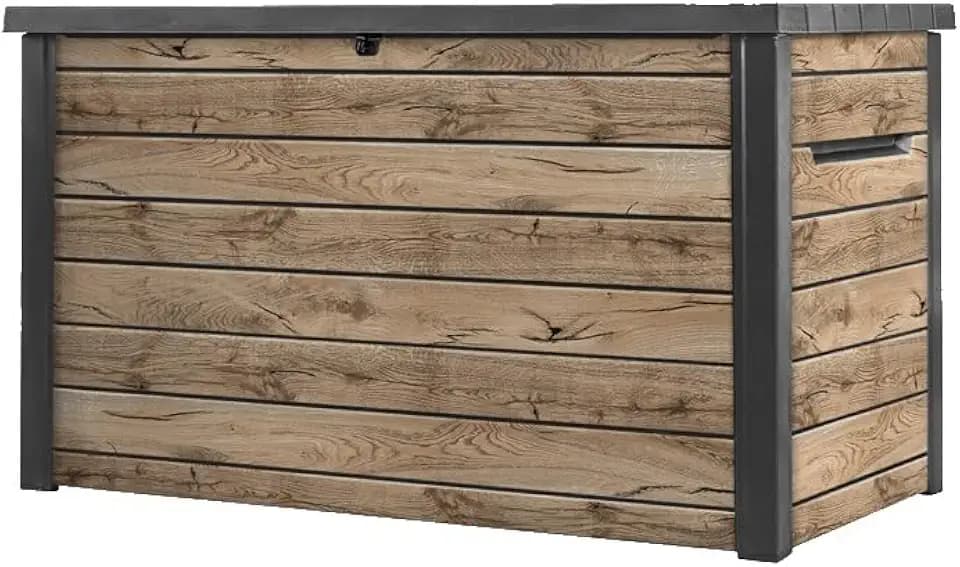 Keter Auflagenbox/Kissenbox 870 Liter | 100% Wasserdicht mit Belüftung dadurch kein übler Geruch/Schimmel Moderne Holzoptik | Deckel mit Gasdruckfedern