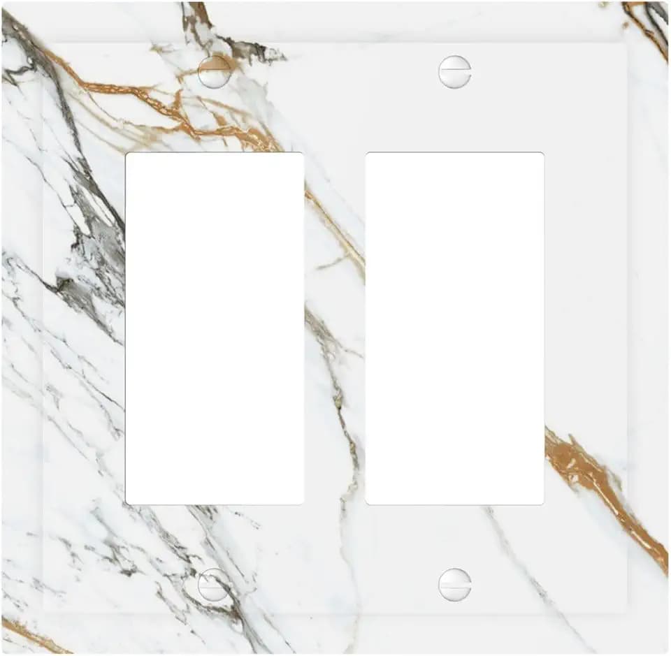 White Gold Marble Modern Abstract Luxury Print Decorative Outlet Covers 2 Gang Double GFCI Rocker Electrical Wall Panels Light Switch Cover Plate for Bathroom Kitchen Decor