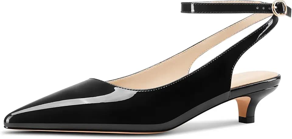 TNYNFBEB Womens Low Kitten Heel Pointed Toe Pumps Slingback Ankle Strap Buckle Prom Party Dress Cute Patent Leather 1.4 Inches Heels