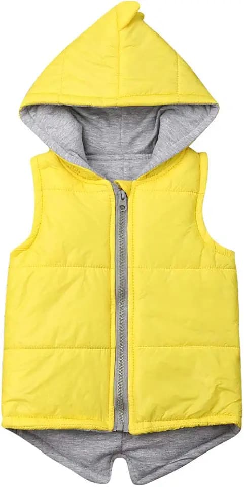 Carolilly Dinosaurier-Jacke, ärmellos, Winter, Kinder, Baby, Jungen/Mädchen, Daunenjacke mit Kapuze, warm, Reißverschluss (6 - 5 Jahre) Gr. 4-5 Jahre, gelb