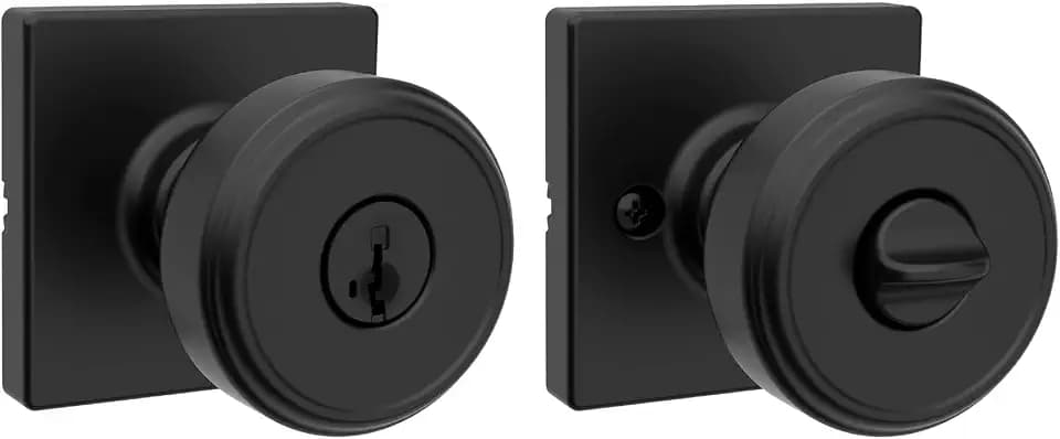 Kwikset Maven Entry Door Knob with Lock and Key, Secure Keyed Handle Exterior, Square Front Entrance and Bedroom, Matte Black, Pick Resistant SmartKey Rekey Security and Microban