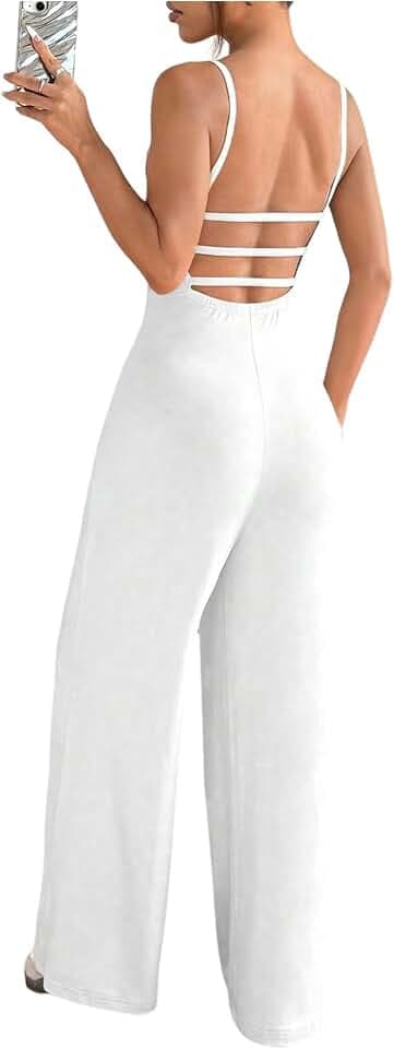 OYOANGLE Women's Strappy Backless Jumpsuits Wide Leg One Piece Outfits