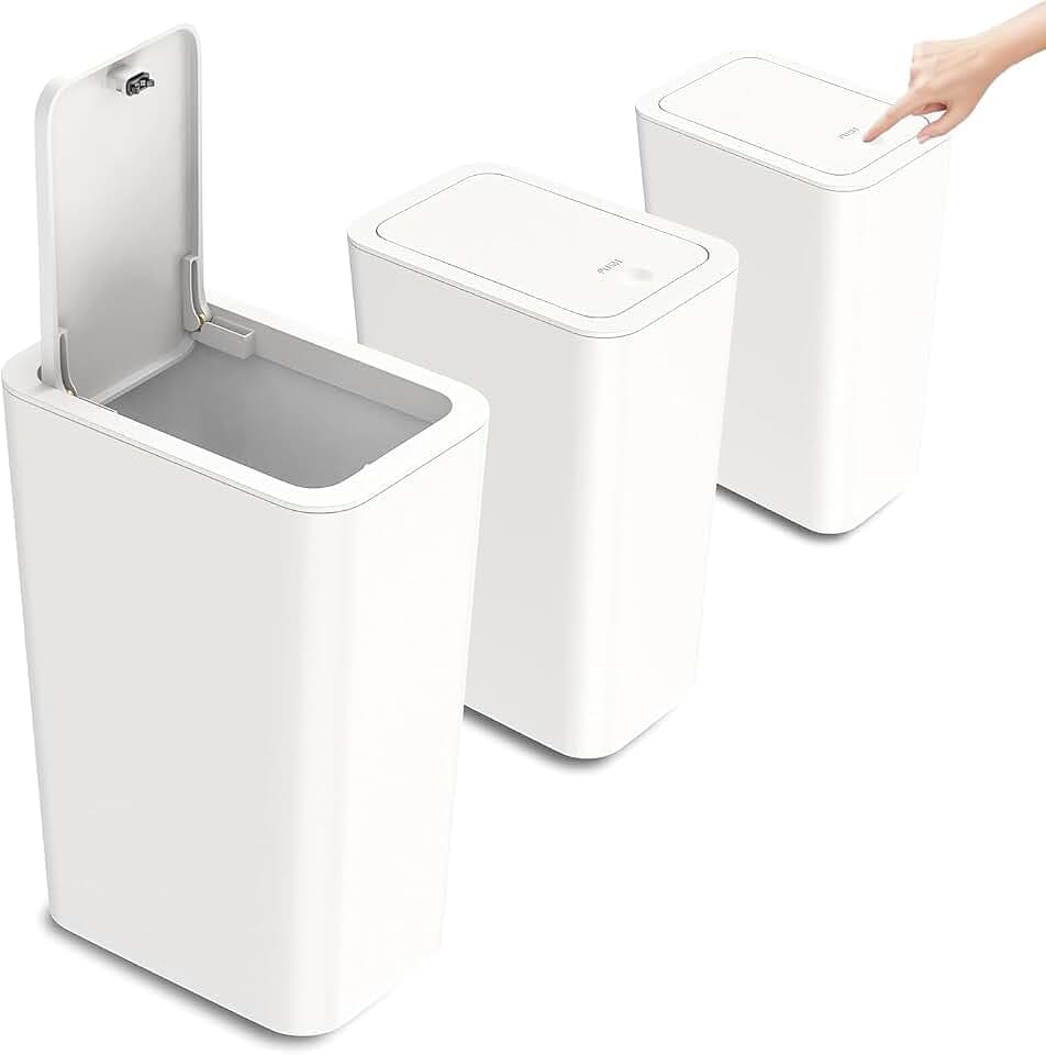 Kongming Mülleimer Bad 3 stück Mülleimer Küche Schmal, Badmülleimer 10L Abfalleimer mit Deckel Geruchsdicht für Küchen, Badezimmer, Büro, Wohnzimmer, Schlafzimmer, WC (Mülleimer Weiß)