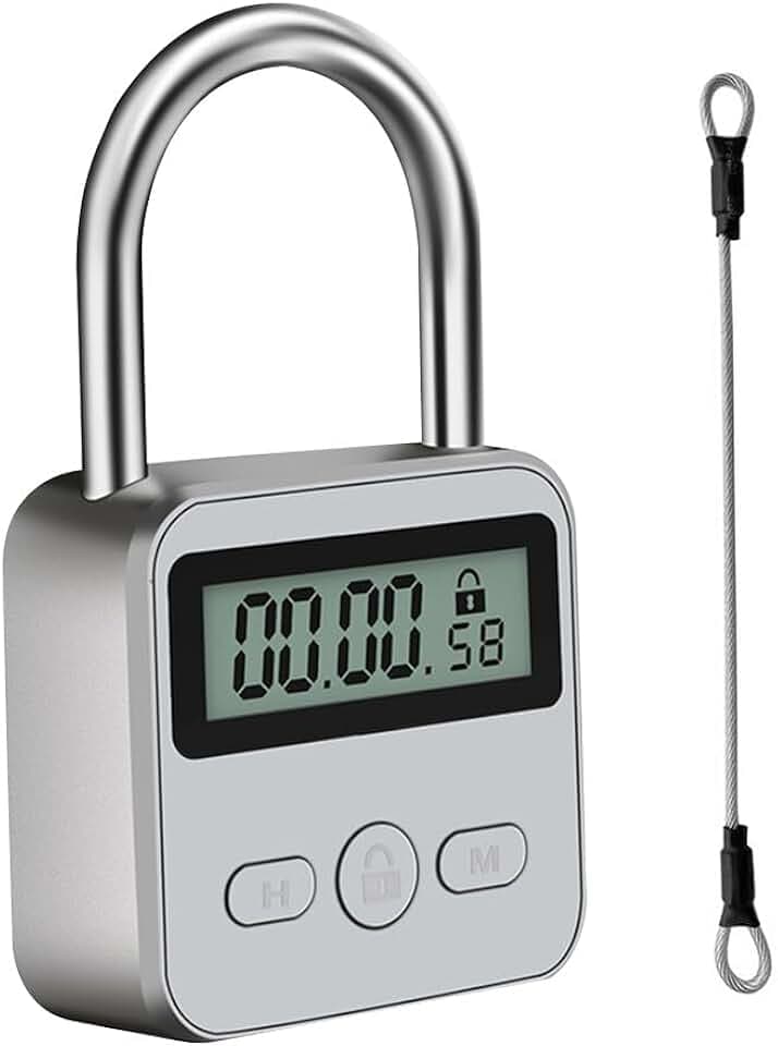 Digitale Zeitschloss, TGKYK Time Lock mit Seil und LCD-Display, USB Wiederaufladbar Intelligentes Zeitschloss, Zeitschloss Vorhängeschloss für Kontrolle Schlechter Gewohnheiten (Silber)