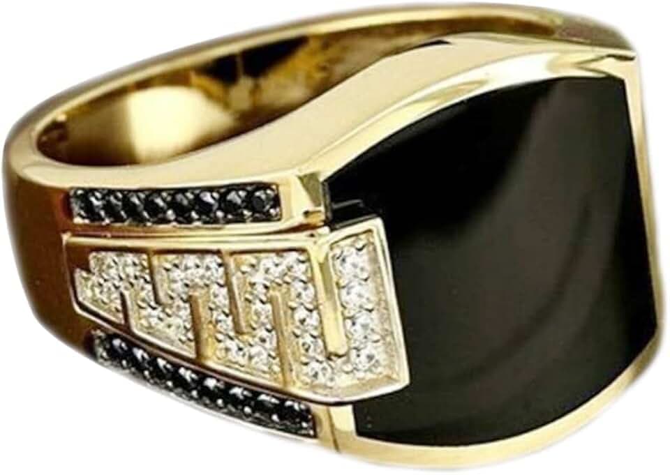 Fashion Cuban Link Chain Ring Classic Retro Color-Preserving 18K Gold Plated with Black Agate, Luxury Fashion Successful Gentleman Diamond Ring Hip Hop Ring for Men (6)
