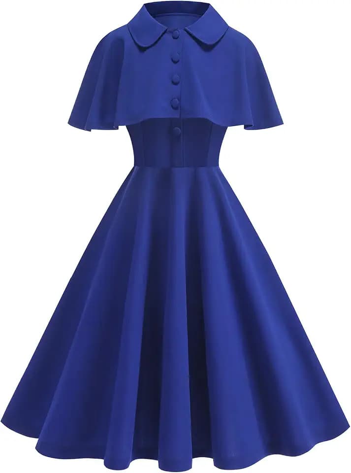 ODIZLI Women's 1950s Retro Dress Short Sleeve Swing Midi Dress Cocktail Rockabilly Dresses with Peter Pan Collar Shrug Shawl