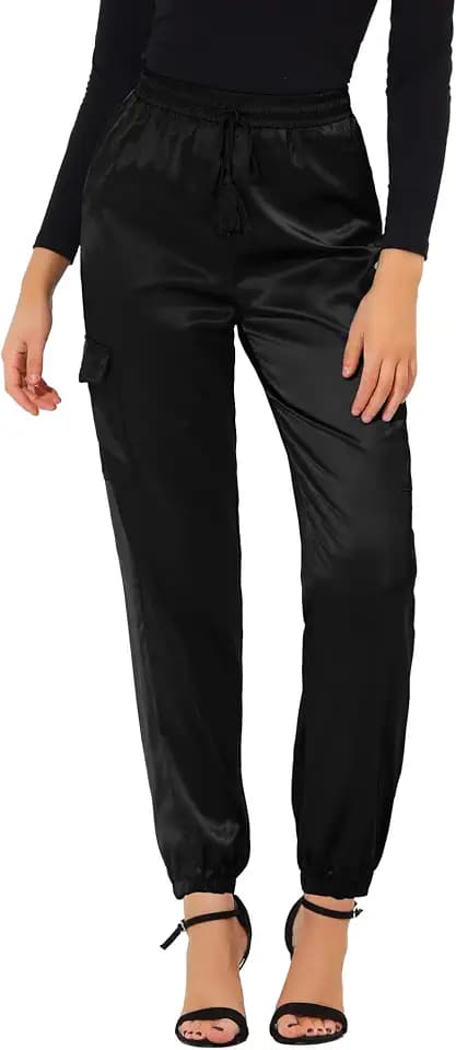 Allegra K Women's Satin Pants Tie Elastic High Waist Satin Cargo Joggers