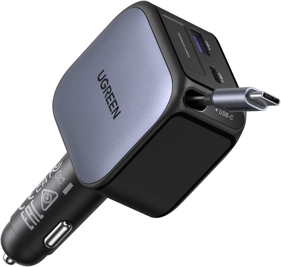 UGREEN Nexode 60W 3-Port Zigarettenanzünder USB-C mit einziehbarem Kabel | Auto Ladegerät 30W integriertes USB C Kabel Auto zubehör KfZ 12V Adapter für iPhone, iPad, Galaxy S25, GPS, Kamera und mehr