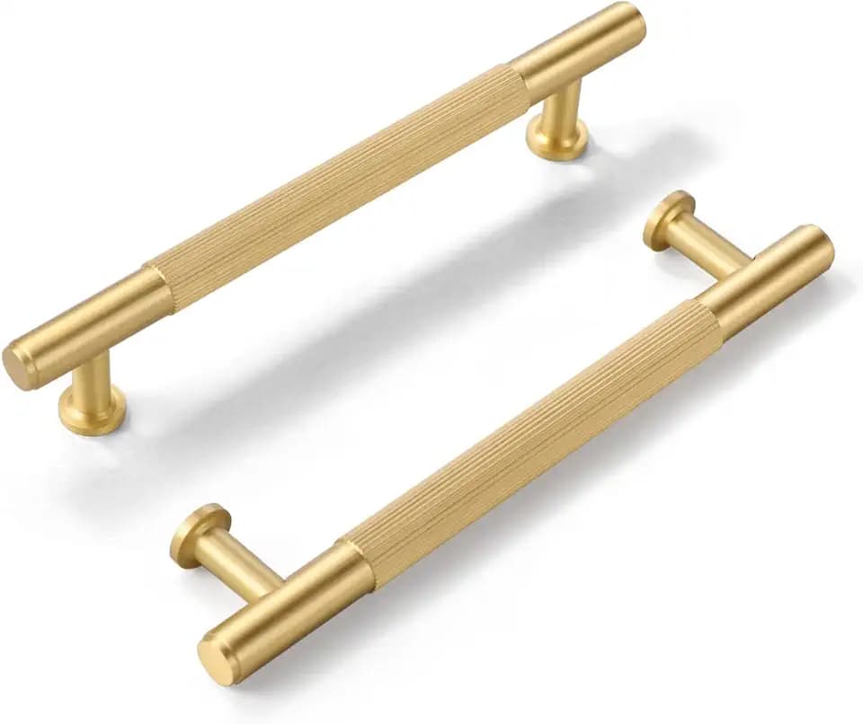 SALISENG-5 Pack Brushed Gold Cabinet Handles, Solid Brass Kitchen Drawer Pulls, 5 Inches Furniture Door Handles for Cupboard Bedroom Wardrobe(Arina)