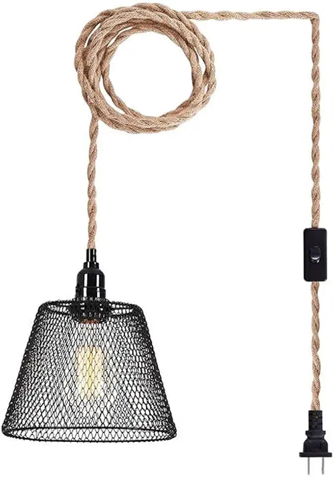 Vintage Hanging Light Fixture Kit with Switch, Industrial Lampshade, Bohemian Style Plug in Hemp Rope Pendant Light Fixtures (One Head)