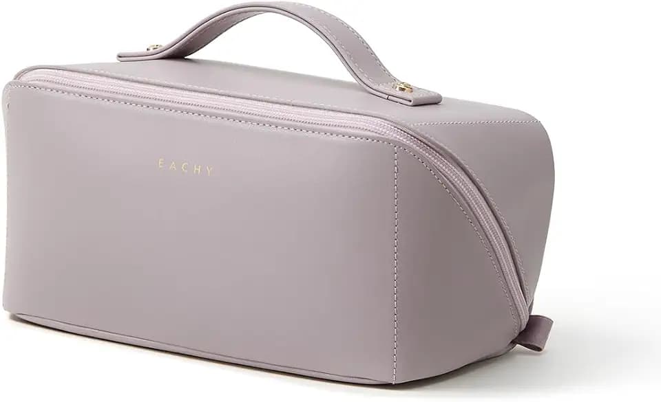 EACHY Travel Makeup Bag for Women, Flat Open Cosmetic Bag, Purple, Medium