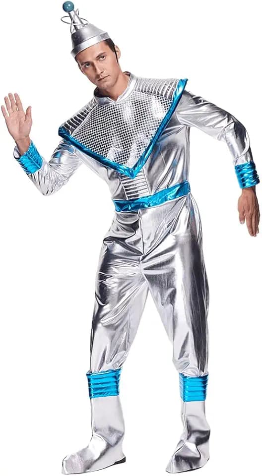 EraSpooky Men's Retro Space Alien Costume Deluxe Adult Shiny Metallic Robot Outfits