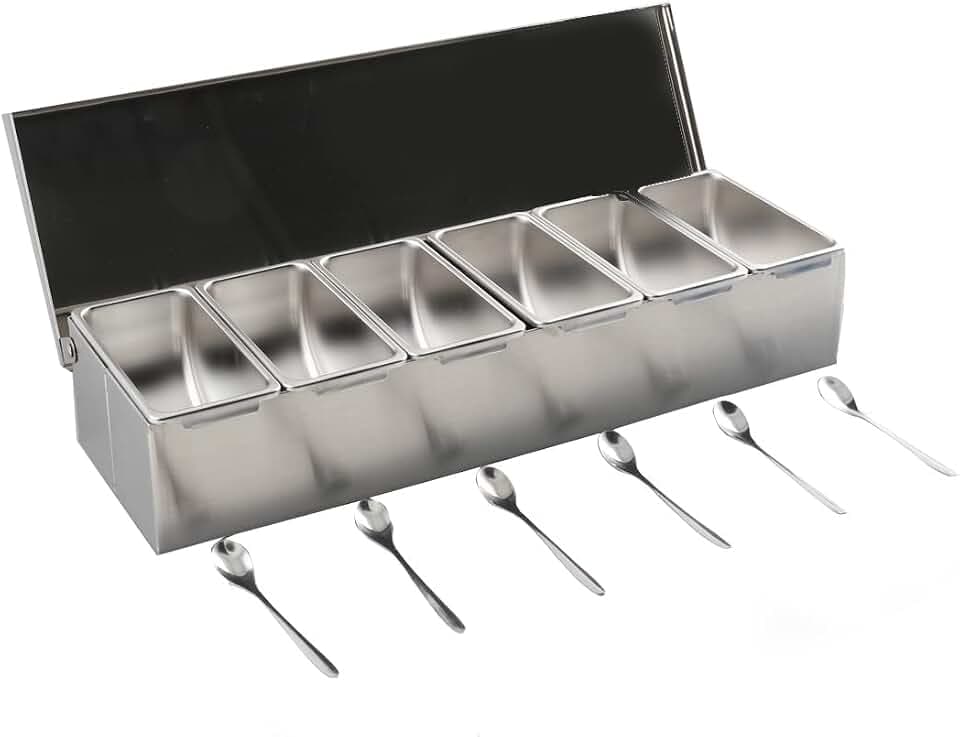 6 Gitter X 460ML Gewürzbox Beilagenbehälter Zutatenbehälter Gewürz Behälter, Barbehälter, Lebensmittelbehälter Edelstahl Obstbox Aufbewahrung, Gastronomie Mixen Wechselbar Zutatenbox &Deckel