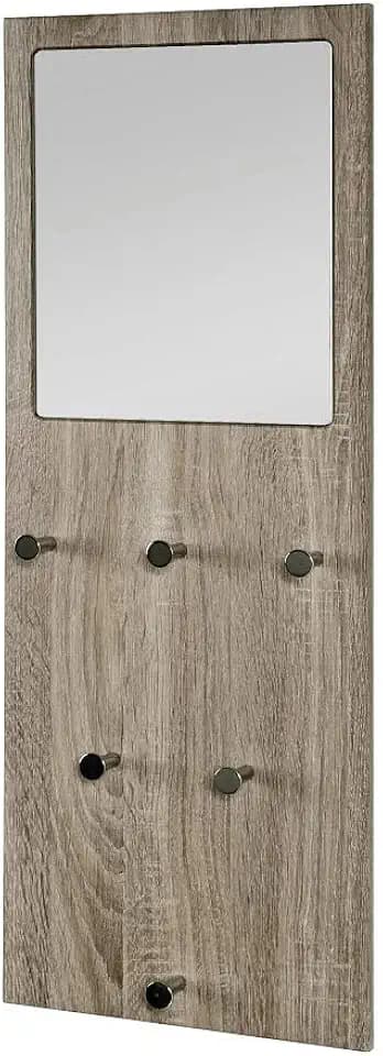 HAKU Wandgarderobe Eiche trüffel MDF Metall Chrom Garderobenleiste mit 6 Haken Spiegel Maße: B 30 × H 80 x T 6 cm Style: Modern