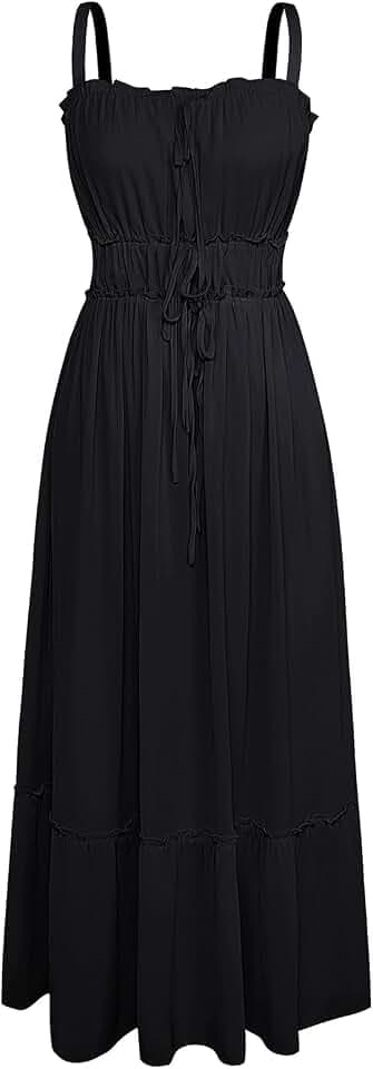 GRACE KARIN Damen Maxi Cocktailkleid Casual Spaghettiträger A-Linie Freizeitkleid Schwarz Abendkleid Urlaub-Kleid L