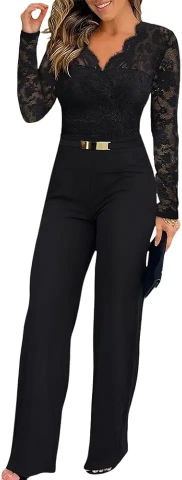 CHICME Womens Dressy Lace Jumpsuit Casual Fall Long Sleeve V-Neck Straight Leg Overalls