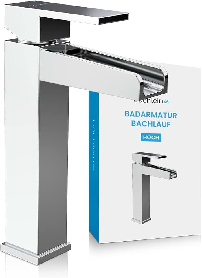 Bächlein Badarmatur Sotira hoch in Bachlauf-Design, extra hoher Einhebelmischer mit Montage-Set für Aufsatzwaschbecken, Bad Wasserhahn Chrom