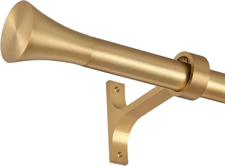 1Inch Single Curtain Rods, Decorative Drapery Rods Adjustable 28-48IN Length, With Horn Finials, Wall Mount and Ceiling Mount, Warm Gold