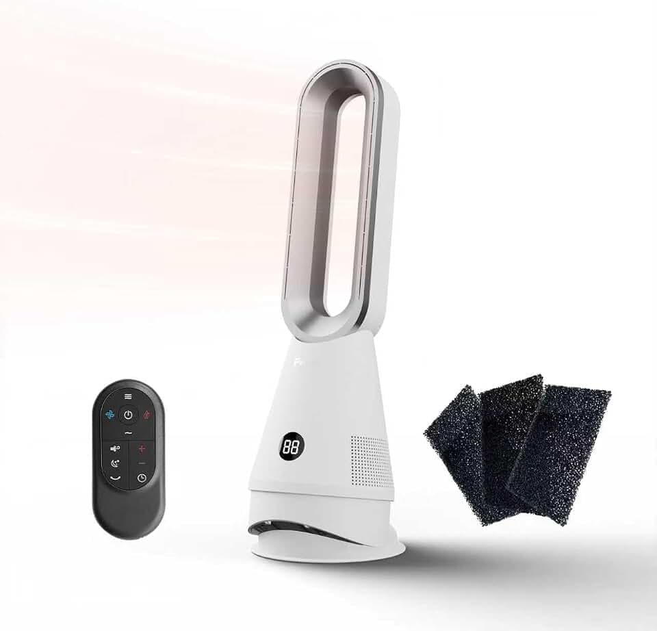Bladeless Heater Fan, 25inch Heating & Cooling & Filter Combo Tower Fan 80° Oscillating with Remote, 9H Timer, 8 Speeds, Portable Quiet for Indoor, Bedroom, Home Office Room, White&Sliver