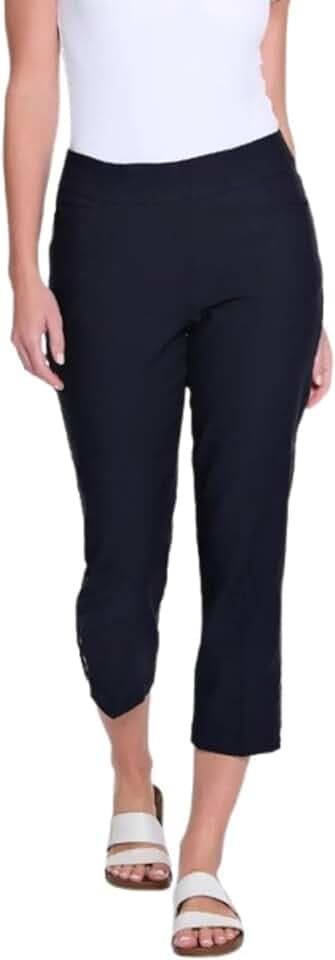 MULTIPLES Women's Petite Pull on 5-Pocket Jean Style Crop with 3 Strap Hem Vent