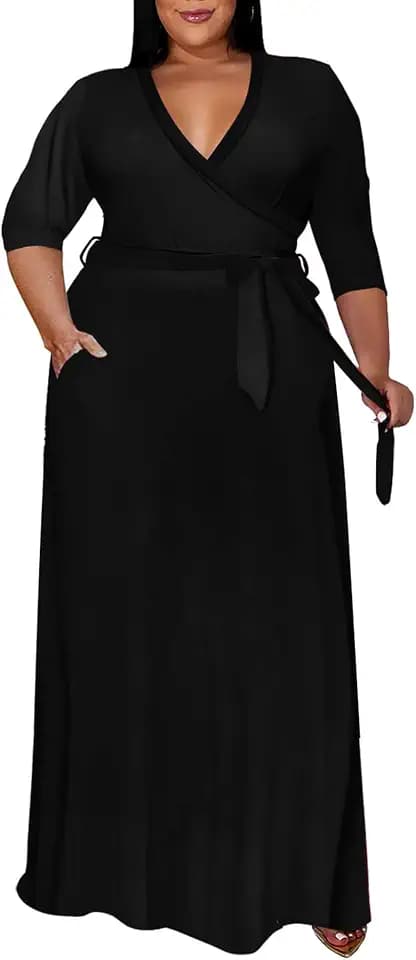 Runwind Plus Size Maxi Dress for Women 3/4 Sleeve Wrap Desses with Belt
