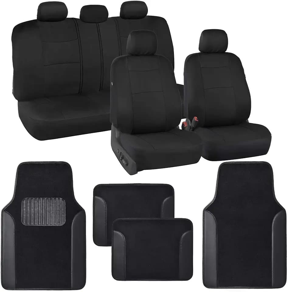 BDK PolyPro Black Car Seat Covers Full Set with Matching Carpet Floor Mats - Automotive Seat Covers for Cars Trucks SUV - Includes Split Bench Rear Seat Cover - Interior Car Accessories