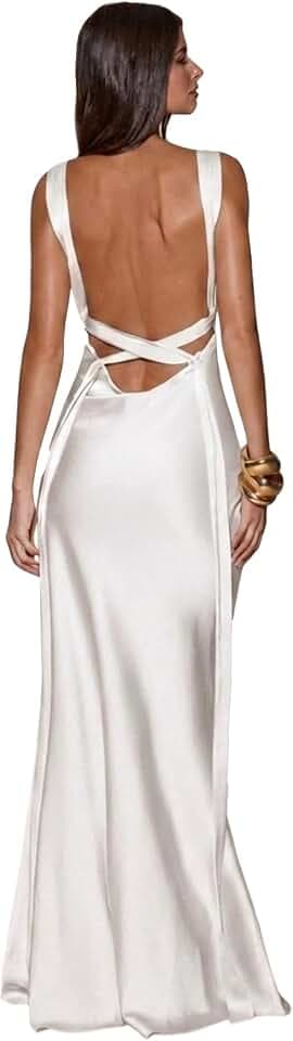 Women's Satin Deep V-Neck Maxi Dress Backless Silk Dresses Wedding Guest
