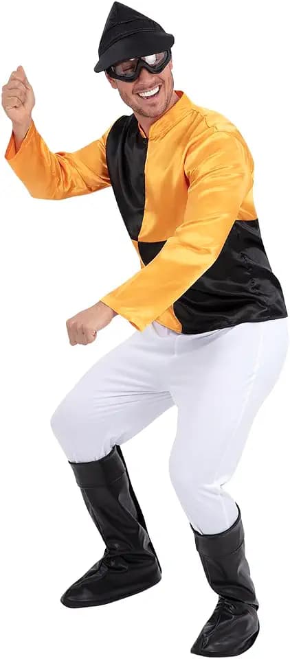Smiffys Jockey Kostüm Herren - Orange & Schwarz Pferderennen Outfit - Erwachsene Reiter Seide mit Hut, Brille, Stiefelüberzieher & Hose - Herren Faschingskostüm