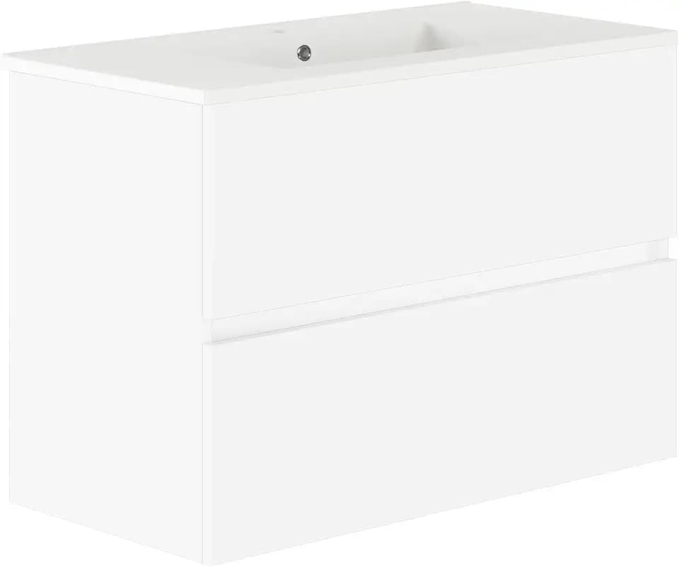 Baikal, Natura Badezimmermöbel mit reduziertem Boden, mit Keramikwaschbecken, Aufteilung mit Zwei Schubladen, montierter Schrank, Zwei Schubladen ohne Spiegel, Tiefe 39 cm, 90 cm, Weiß