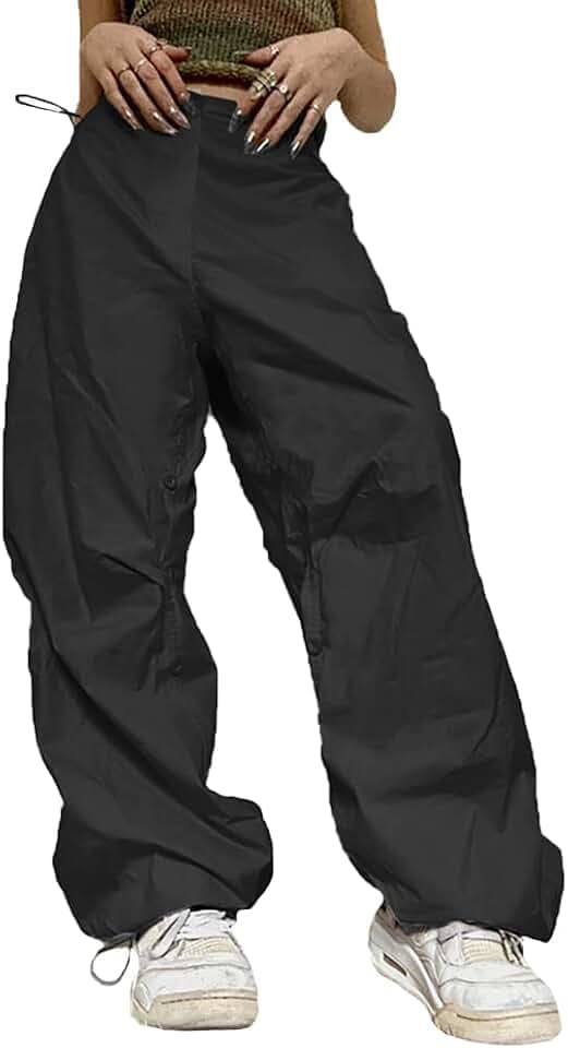 Cargohose Damen Baggy Y2K Parachute Pants Frauen High Waist Fallschirm Hose Vintage Track Pants Hip Hop Freizeithose Jogginghose Teenager Mädchen 90er E-Girl Streetwear Hose mit Taschen Schwarz S