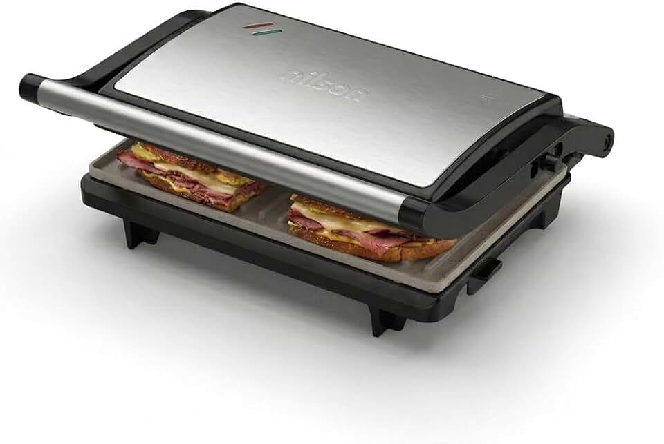 Elektrischer Sandwichtoaster, Doppelgrill, 750 W, Küchenpresse und Griff, abnehmbare Platten, Keramikbeschichtung, maximale Temperatur 190 °, Kabel 80 cm, Schwarz