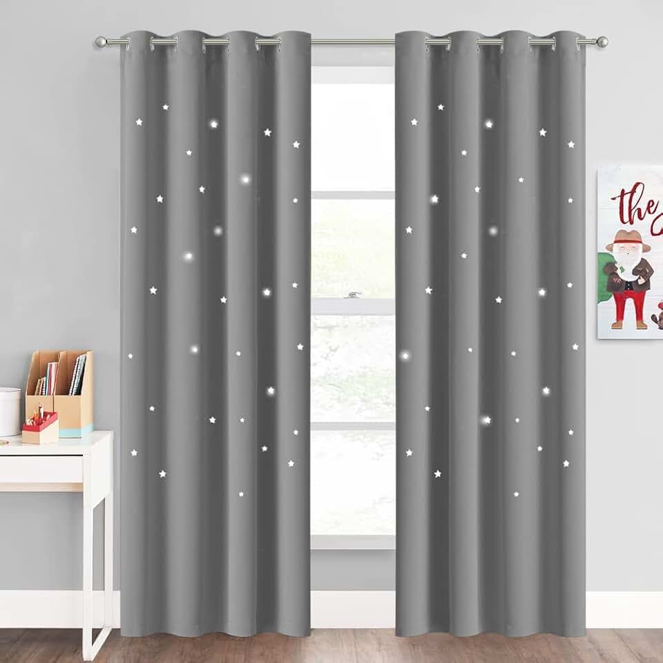 NICETOWN Kids Blackout Star Curtains for Bedroom, 1 PC, 52x84, Silver Grey