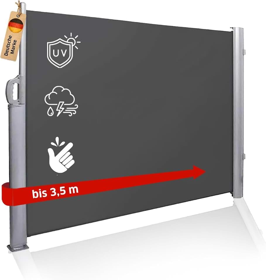 NOOR Seitenmarkise EXKLUSIV - Sichtschutz Blickdicht Anthrazit 1,8 x 3,5 m | Ausziehbarer Sonnen- & Windschutz - wasserabweisend imprägniert, inkl. Befestigungsmaterial für Garten, Balkon & Terrasse
