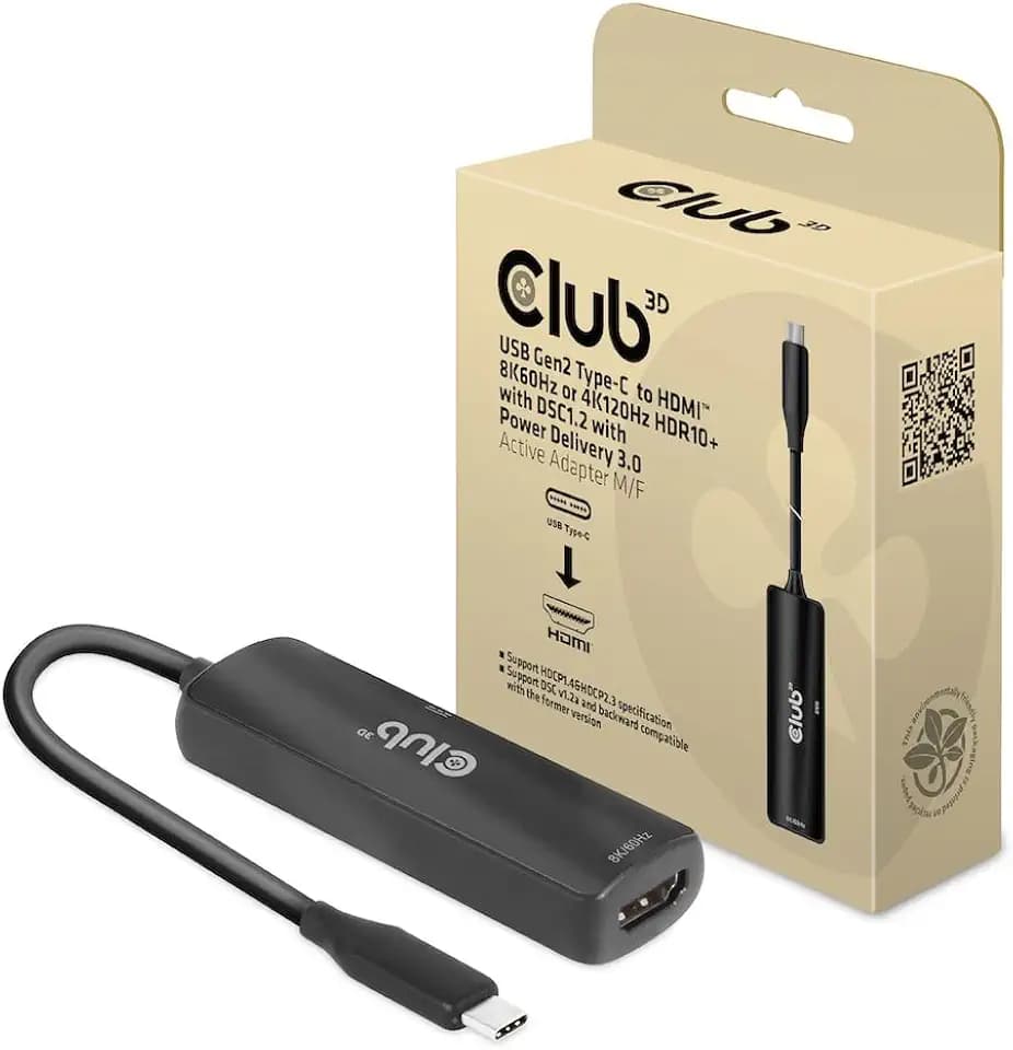 Club3D CAC-1588 USB Gen2 Typ-C zu HDMI™ 8K60Hz oder 4K120Hz HDR10, DSC1.2, Power Delivery 3.0 Activ Adapter St./B.