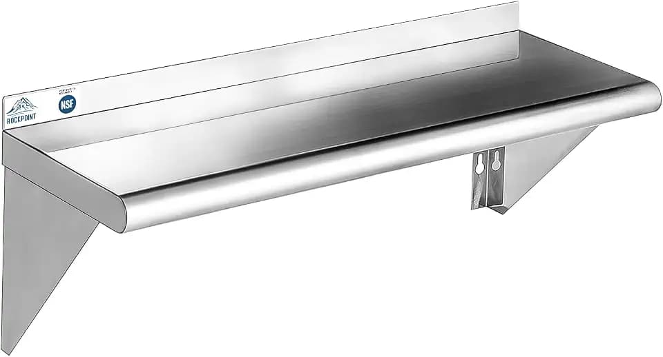 ROCKPOINT Stainless Steel Shelf 12 x 30 Inches 280lb, NSF Metal Commercial Shelves Wall Mount Floating Shelving with Backsplash for Restaurant, Kitchen, Home and Hotel, Silver