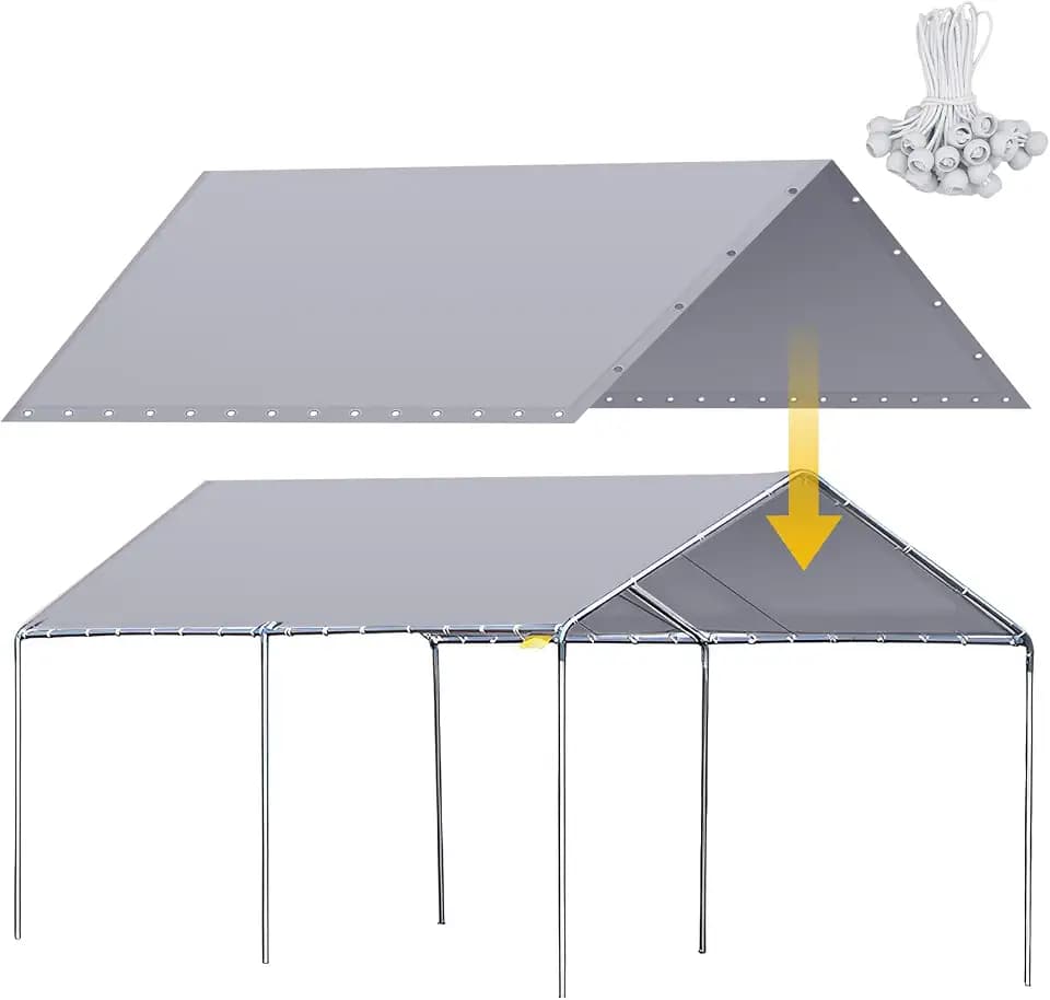 12 x 20 ft Heavy Duty Canopy Replacement Top, 50 Bungees, Grey