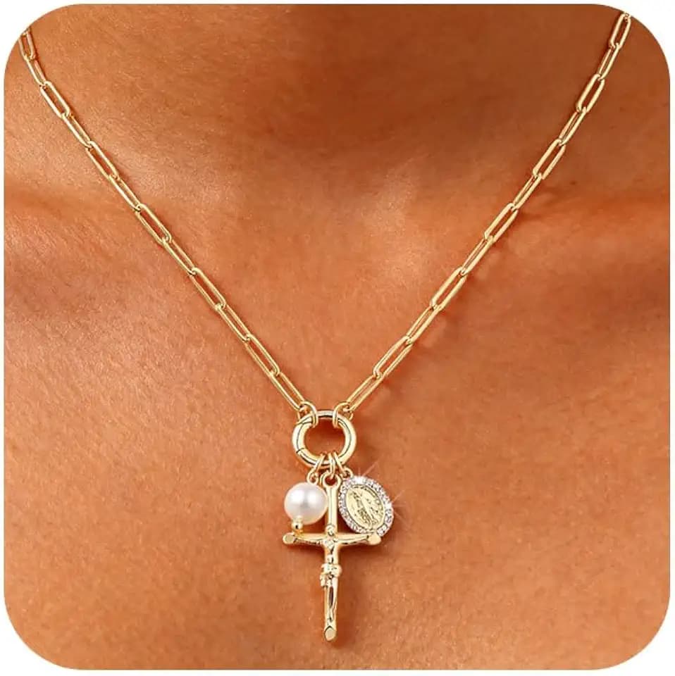Gold Cross Necklace for Women - 14k Gold Plated Virgin Mary Pendant Necklaces,Hypoallergenic Non Tarnish Golden Cubic Zirconia Catholic Virgen de Guadalupe Jewelry,Religious Faith Baptism Gift for Her