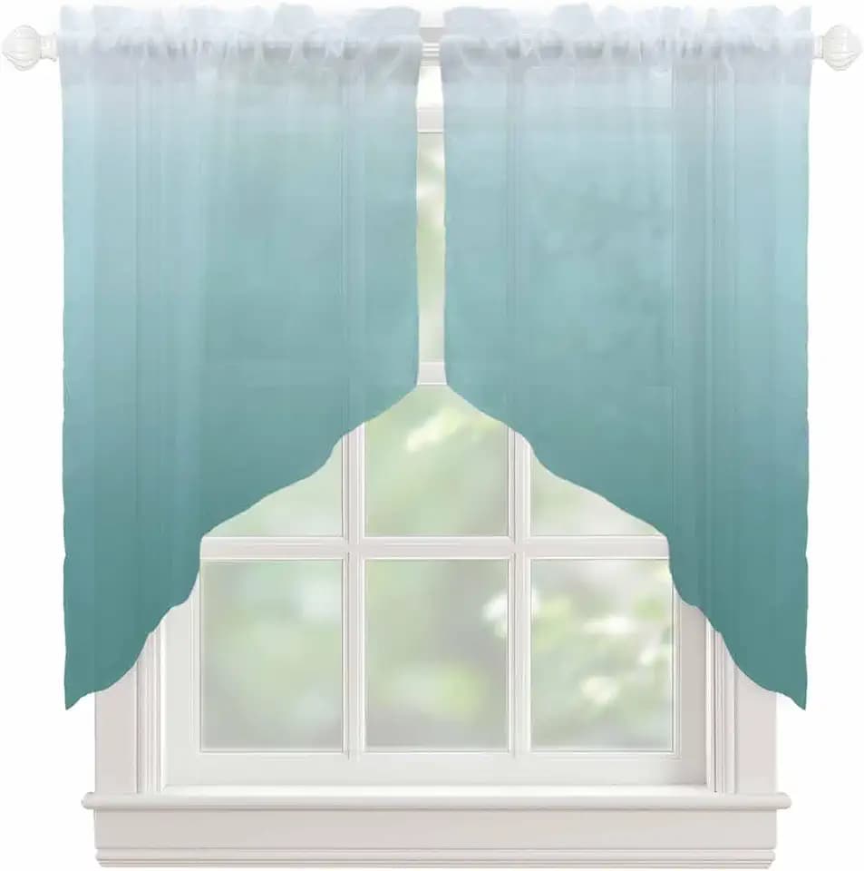 Turquoise Ombre Swag Valances for Windows Teal and White Gradient Semi Sheer Valance Curtains Blue Voile Swags Topper Curtain for Kitchen Living Room Bedroom, 2 Panels, 28x36 Inch