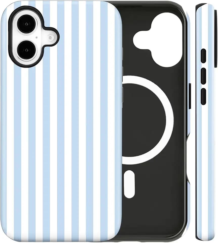 Magnetic for iPhone 16 Plus Case Cute Stripes Phone Case, Blue&White