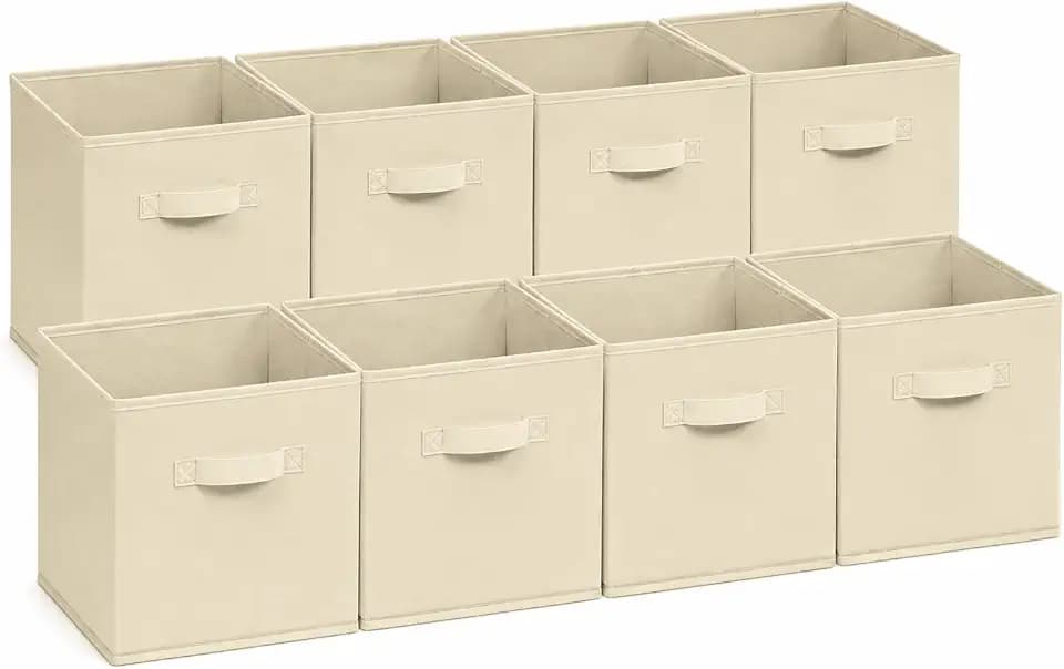 8 Pack Cube Storage Bins, 10.5 x 10.5 x 11 Inch Fabric Storage Cubes with Handles, Collapsible Storage Baskets for Shelves, Closet Organizers and Storage for Classroom and Home, Beige
