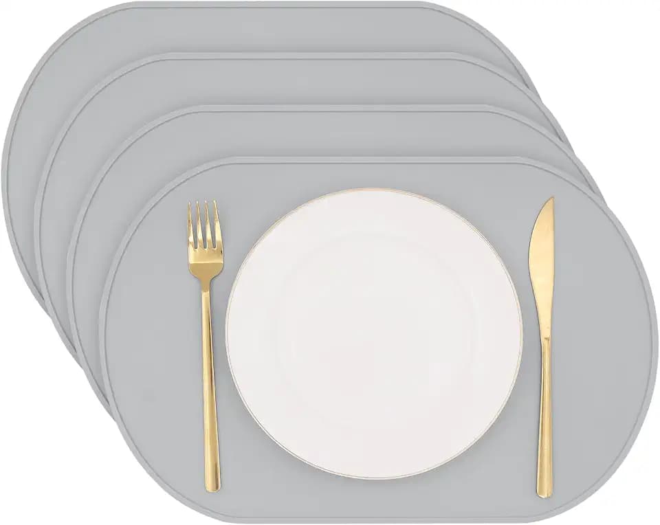 Silicone Placemat Set of 4, Heat Resistant Placemats for Dinning Table, Reusable Portable Kids Baby Placemats, Waterproof Stain-Proof Toddler Food Mats, Easy to Clean Silicone Mat Oval Placemat