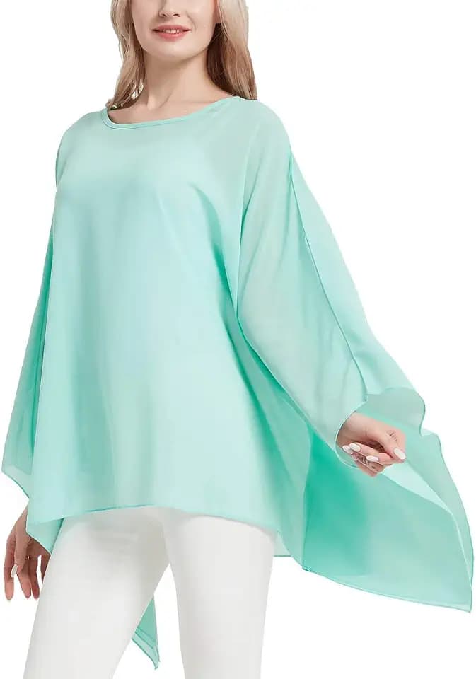 Wiiiwish Women's Loose Solid Long Batwing Sheer Chiffon Caftan Wrap Poncho Tunic Top Topper