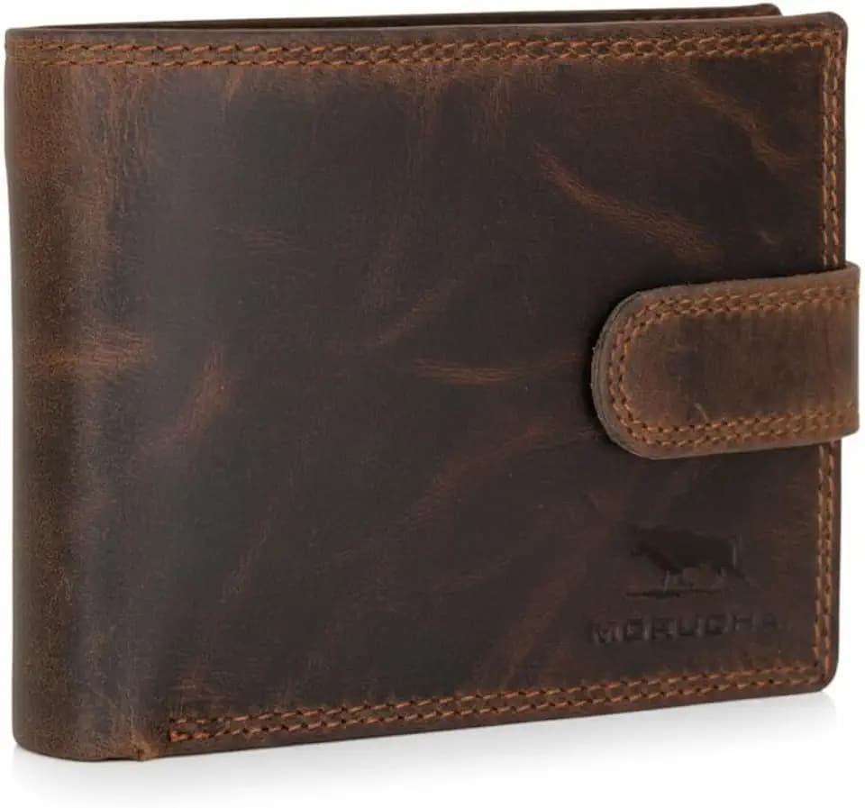 MORUCHA Men’s RFID Blocking Leather Bifold Wallet – Genuine Hunter Leather Coin Wallet (M80 Dark Brown)
