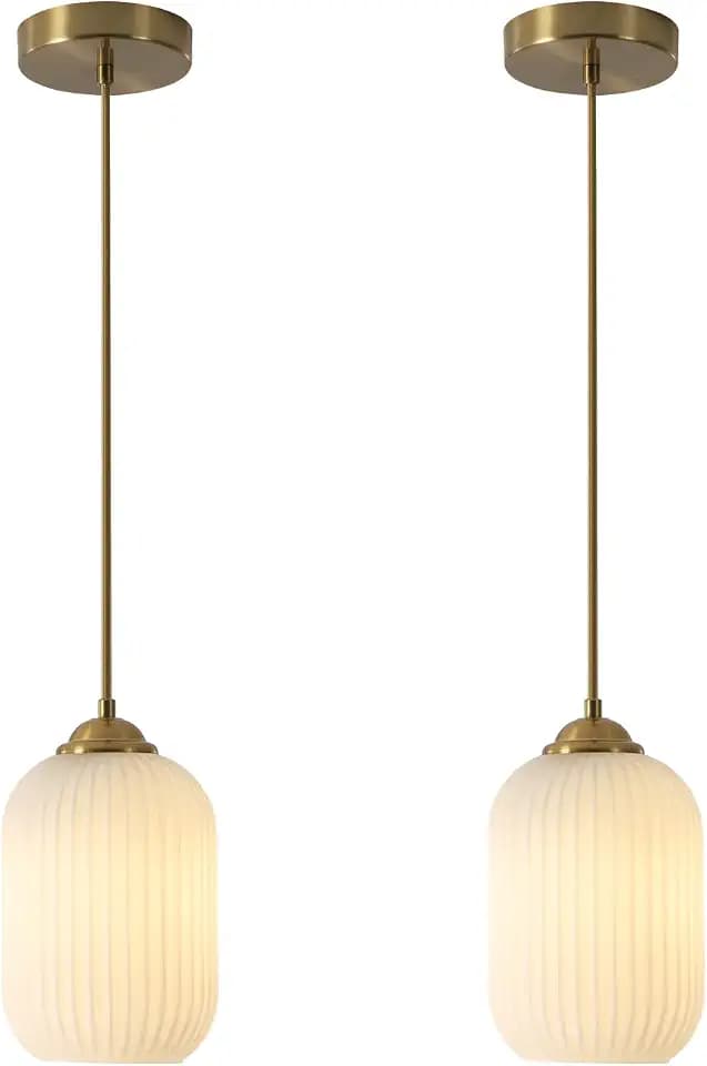 KCO 2 Pack Small Brass Gold 5.5” Ribbed Cylinder White Glass Pendant Lights