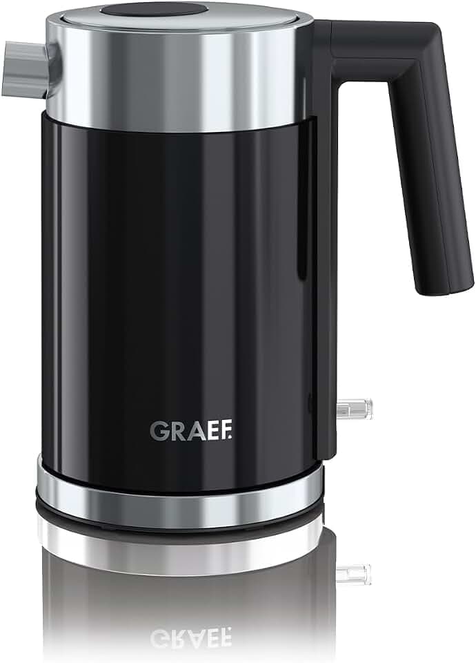 GRAEF. Edelstahl Wasserkocher WK402 Schwarz mit 1 Liter Fassungsvermögen, Kalkfilter abnehmbar, 360° Zentralkontakt, automatische Abschaltung