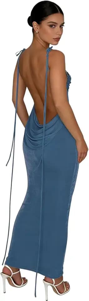 JUMISEE Women Sexy Backless Draped Maxi Dress Elegant Sleeveless Spaghetti Strap Evening Dress Long Club Party Beach Dress