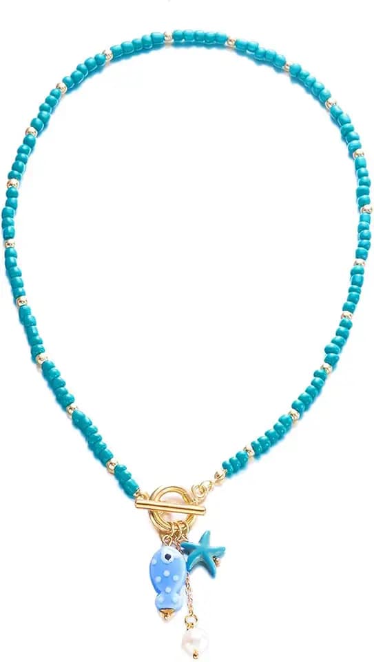 Starfish Fish Necklace for Women Ceramic Fish Pendant Necklace Colorful Pearl Beaded Necklaces Trendy Summer Beach Jewelry Gift