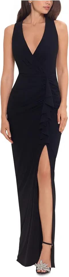 Betsy & Adam Women's Jersey Knit V-Neck Ruffle Leg Slit Floor Length Dress