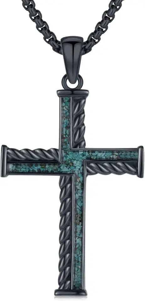 TwoAnts Turqupise Cross Necklace for Men 925 Sterling Silver Black Cross Pendant Boho Western Necklace Christian Jewelry Gifts for Women